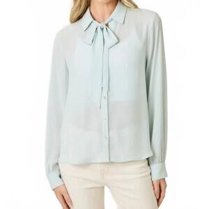 NEW MYSTREE effortless tie-neck blouse in pale blue